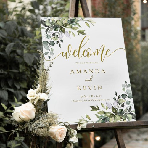 Eucalyptus Leaves Gold Welcome Wedding Sign 