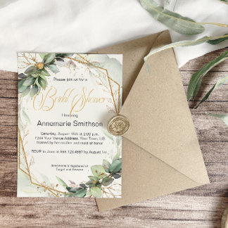 Eucalyptus Leaves Golden Greenery Bridal Shower Invitation