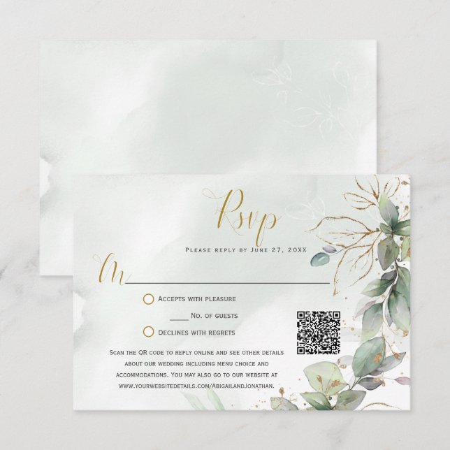 Eucalyptus Leaves Golden Greenery RSVP Card (Front/Back)