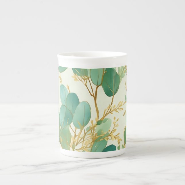 Eucalyptus Leaves Green and Gold Design Bone China Mug (Front)