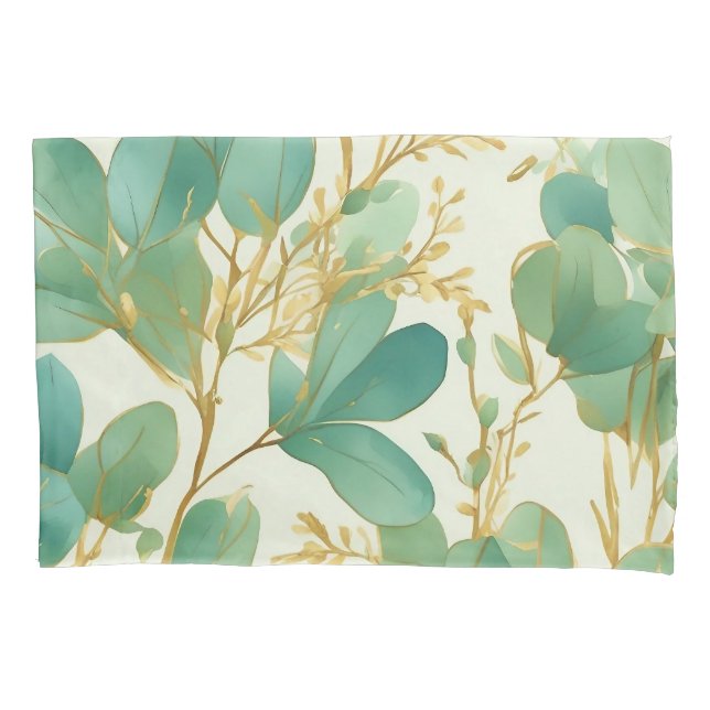 Eucalyptus Leaves Green and Gold Design Pillow Case (Front)