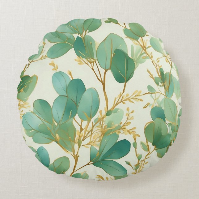 Eucalyptus Leaves Green and Gold Design Round Pillow (Front)