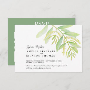 Eucalyptus leaves green water wedding RSVP Card