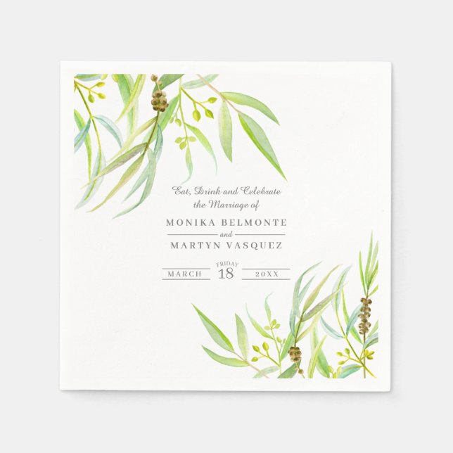 Eucalyptus leaves green watercolor wedding napkins (Front)
