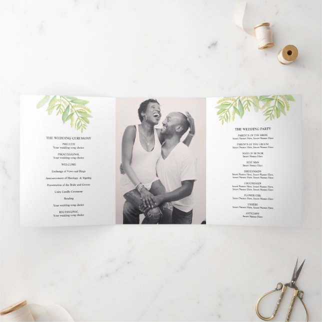  Eucalyptus leaves green watercolor wedding Tri-Fold Program (Inside)