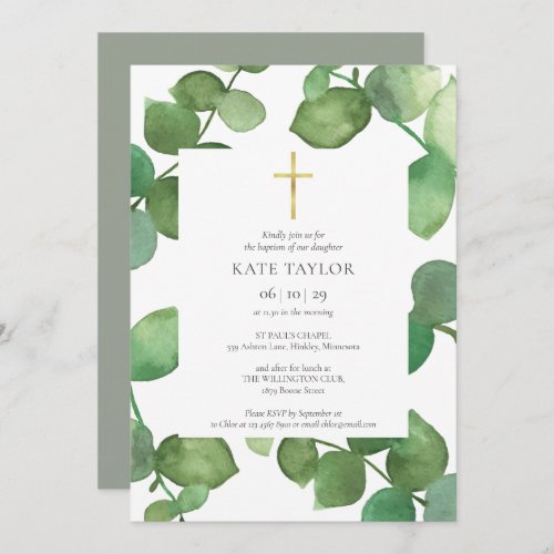 Eucalyptus Leaves Greenery Baptism Christening Invitation