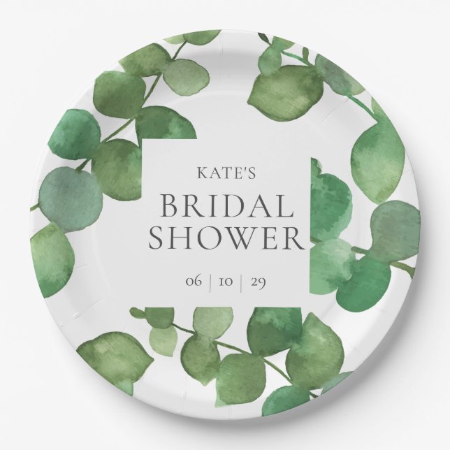 Eucalyptus Leaves Greenery Bridal Shower Paper Plates (Front)