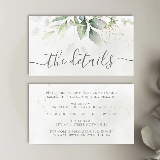 Eucalyptus Leaves Greenery Gold Elegant Wedding Enclosure Card | Zazzle