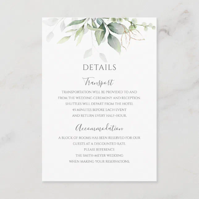 Eucalyptus Leaves Greenery Gold Elegant Wedding Enclosure Card | Zazzle