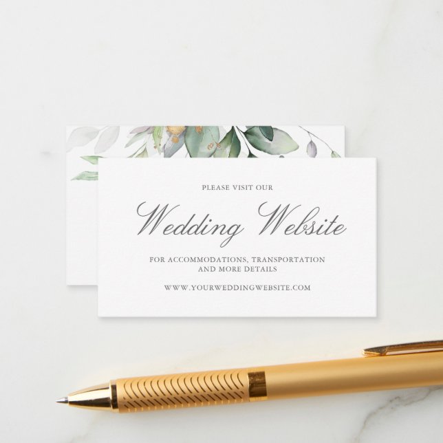 Eucalyptus Leaves Greenery Gold Wedding Website Enclosure Card (Front/Back In Situ)