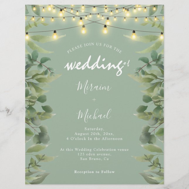 Eucalyptus Leaves Greenery & Lights String wedding Flyer (Front)