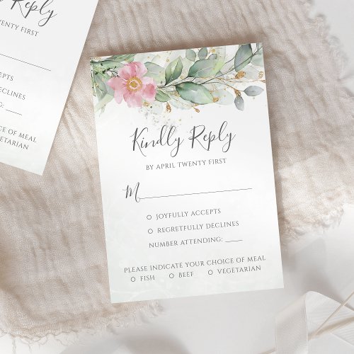 Eucalyptus Leaves Greenery Pink Floral Wedding RSVP Card