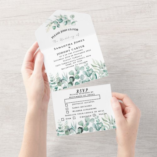 Eucalyptus leaves Greenery Rustic RSVP Wedding All In One Invitation