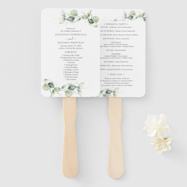 Eucalyptus Leaves Greenery Rustic Wedding Ceremony Hand Fan (Front and Back)
