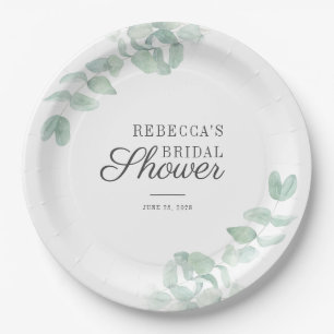 Eucalyptus Leaves Greenery Script Bridal Shower Paper Plates