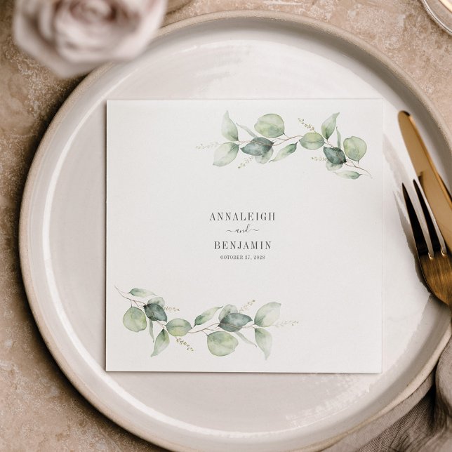 Eucalyptus Leaves Greenery Wedding Cocktail Paper Napkins (Watercolor Eucalyptus Foliage Wedding Reception Paper Napkins)