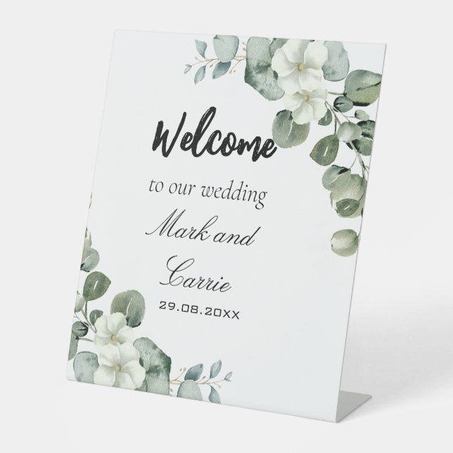 Eucalyptus leaves greenery wedding Pedestal Sign (Front)