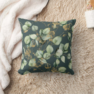 Eucalyptus Leaves in Blue and Gold Pattern Throw Pillow