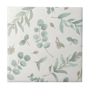 Eucalyptus leaves in watercolor beige background ceramic tile