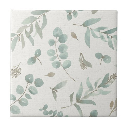 Eucalyptus leaves in watercolor beige background ceramic tile