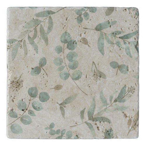 Eucalyptus leaves in watercolor beige background trivet