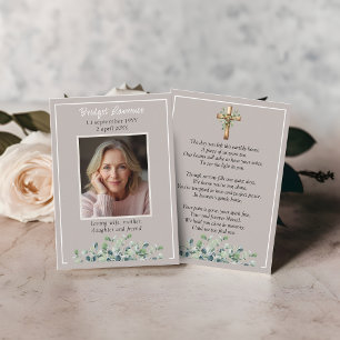 Eucalyptus Leaves Memorial Photo Taupe Prayer Card