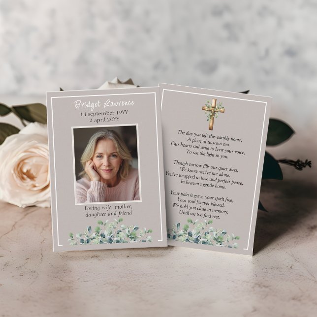 Eucalyptus Leaves Memorial Photo Taupe Prayer Card (taupe elgant eucalyptus leaves greenery border
prayer card)