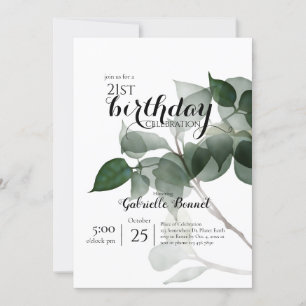 Eucalyptus Leaves, Modern Botanical Birthday Party Invitation