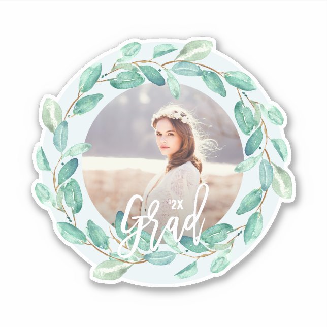 Eucalyptus Leaves on Blue Graduate Photo and Year Sticker (Front)