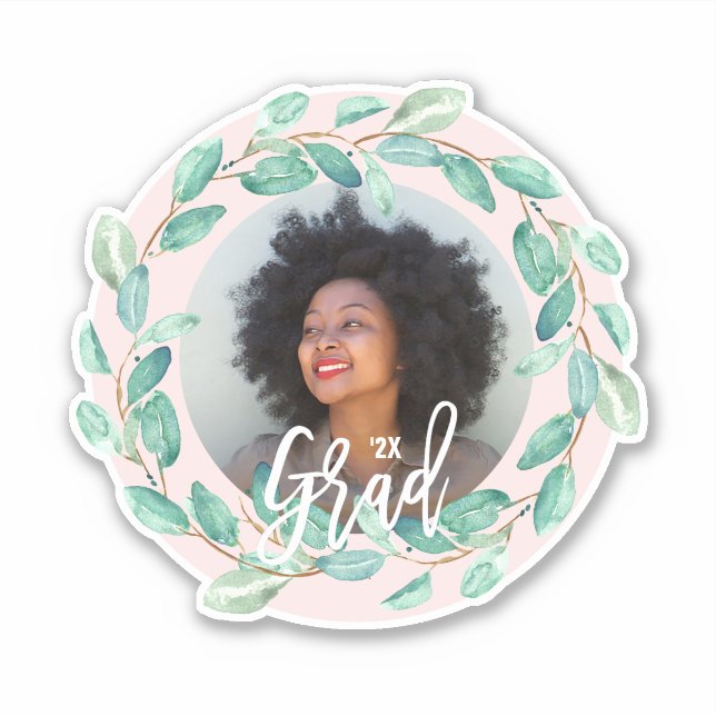 Eucalyptus Leaves on Blush Graduate Photo and Year Sticker (Front)