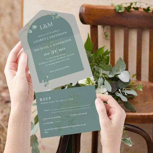 Eucalyptus Leaves Overlay Arch Wedding All In One Invitation