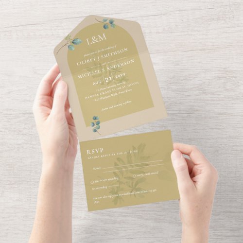 Eucalyptus Leaves Overlay Arch Wedding All In One Invitation