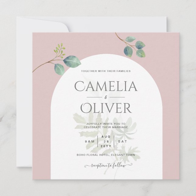 Eucalyptus Leaves Overlay Arch Wedding Invitation (Front)