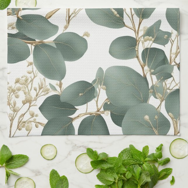 Eucalyptus Leaves Pattern Kitchen Towel (Folded)