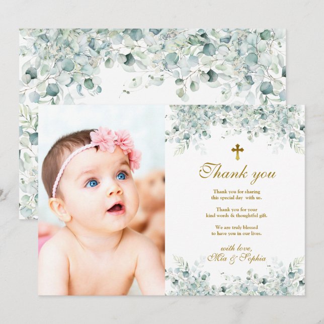 Eucalyptus Leaves & Photo Baptism Thank You Card (Front/Back)