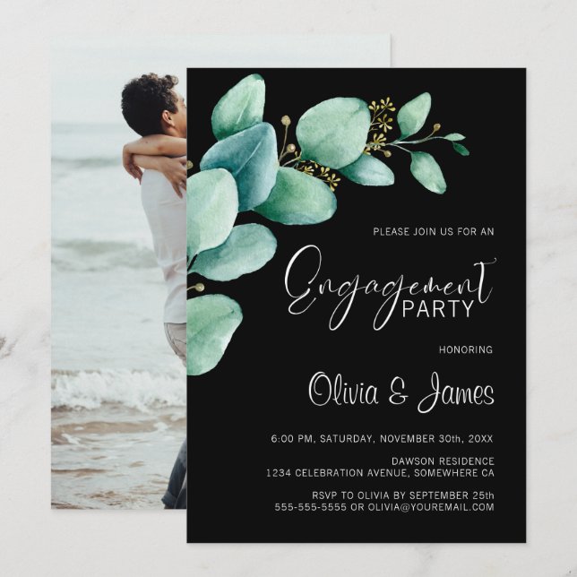 Eucalyptus Leaves Photo Black Engagement Party Invitation (Front/Back)