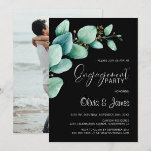 Eucalyptus Leaves Photo Black Engagement Party Invitation