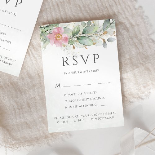 Eucalyptus Leaves Pink Floral Meal Options Wedding RSVP Card