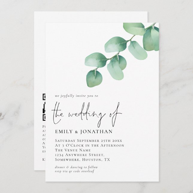 Eucalyptus Leaves QR Code Script Wedding  Invitation (Front/Back)