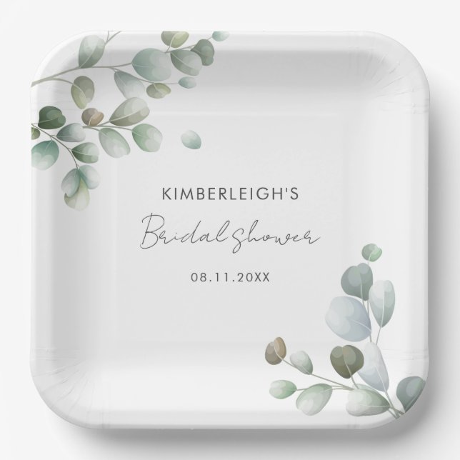 Eucalyptus Leaves Script Minimal Bridal Shower Paper Plates (Front)
