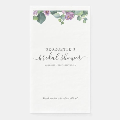 Eucalyptus Leaves Script Purple Bridal Shower Paper Guest Towels