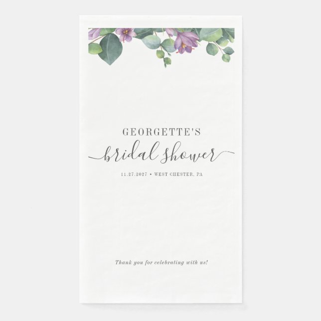 Eucalyptus Leaves Script Purple Bridal Shower Paper Guest Towels (Front)