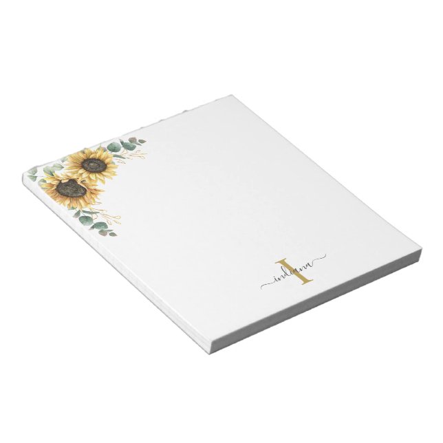 Eucalyptus Leaves Sunflower Monogram Script Name Notepad (Angled)