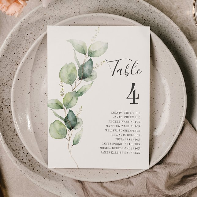 Eucalyptus Leaves Table Number 4 Wedding Seating (Eucalyptus Script Wedding Table Number Card)