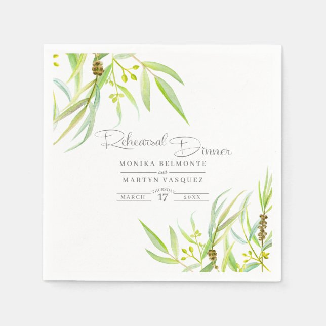 Eucalyptus leaves watercolor art rehearsal dinner napkins (Front)