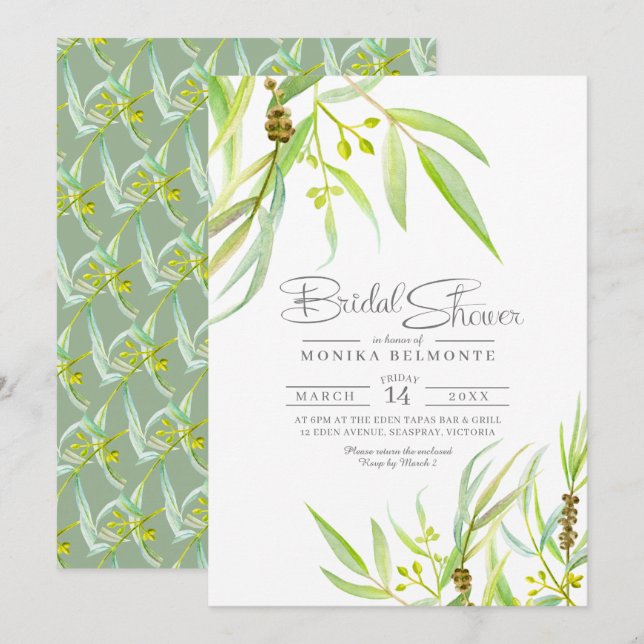 Eucalyptus leaves watercolor bridal shower invitation (Front/Back)