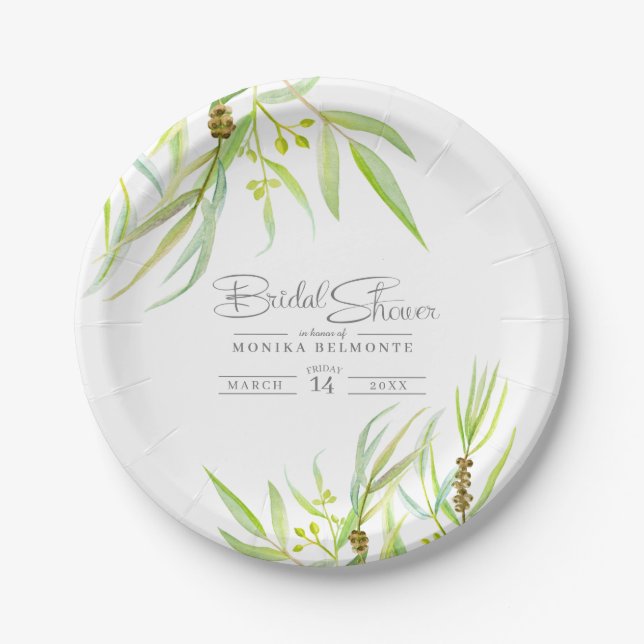 Eucalyptus leaves watercolor green bridal shower paper plates (Front)
