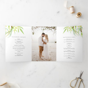 Eucalyptus leaves watercolor green photo wedding Tri-Fold program