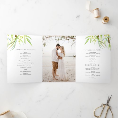 Eucalyptus leaves watercolor green photo wedding Tri_Fold program