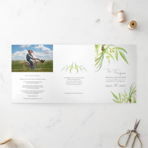 Eucalyptus leaves watercolor green photo wedding Tri_Fold program